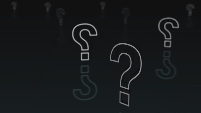 Prominent glowing question mark surrounded by smaller marks in horizontal composition on dark backdrop. Great for help tutorials, FAQ sections, mystery content and inquiry videos