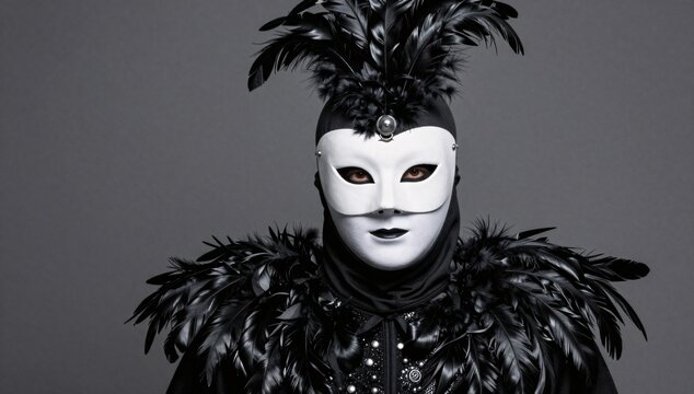 Person in an elaborate feathered masquerade costume poses against a gray backdrop looking at the camera