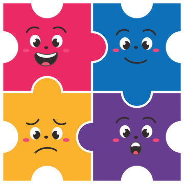 Four colorful jigsaw puzzle pieces with cute cartoon faces showing different emotions for kids education vector illustration