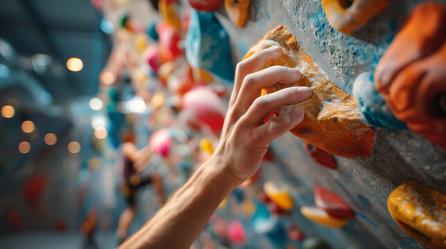 Climber hand gripping textured orange hold on indoor bouldering wall