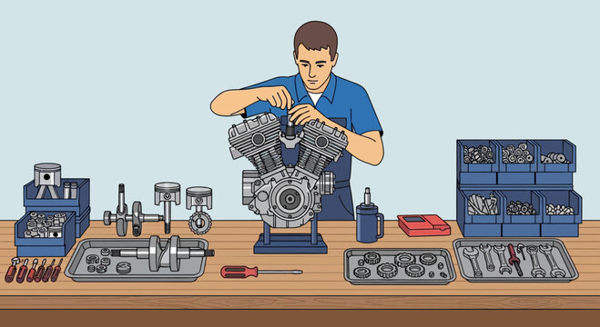 Mechanic Working on Engine Components in Workshop