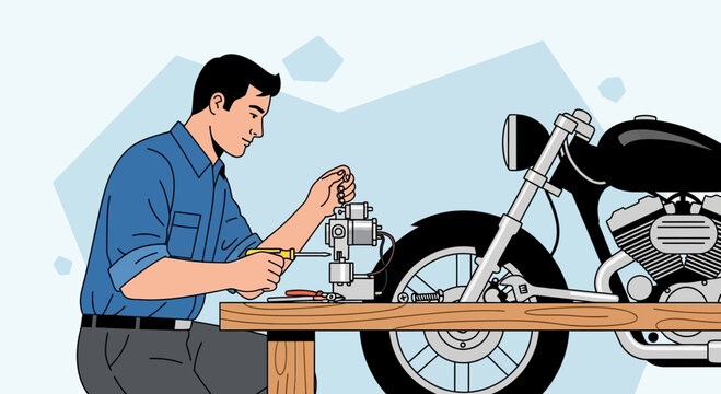Mechanic Working on Motorcycle Engine Components