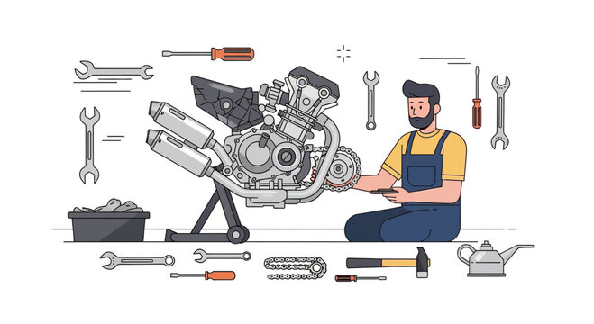 Mechanic Repairing Motorcycle Engine with Tools