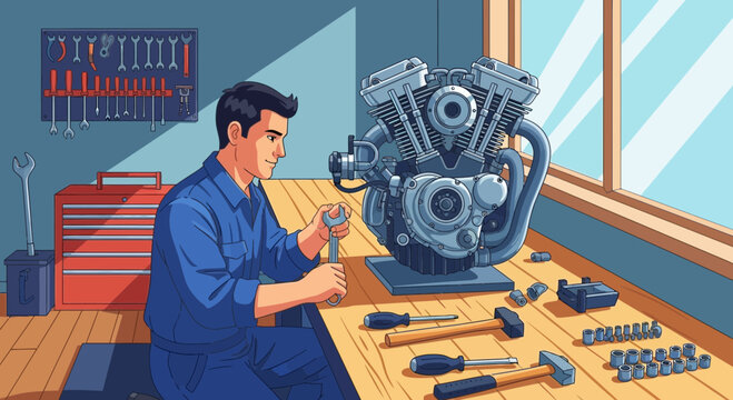 Mechanic Working on Motorcycle Engine in Garage Workshop