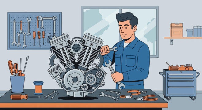 Mechanic Working on Engine with Tools in Workshop