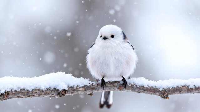 Small white bird perched on snowcovered branch