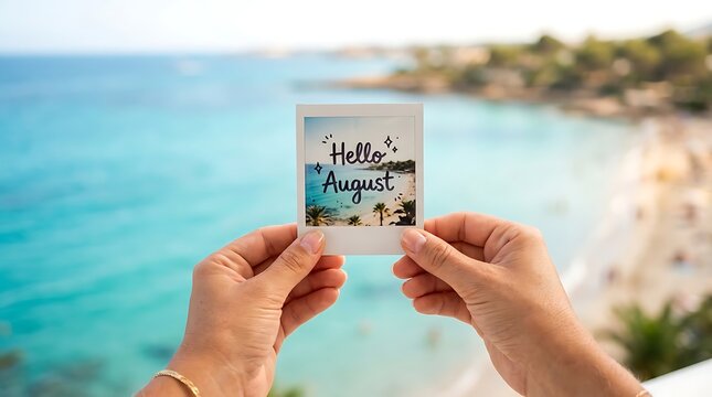 Hands holding a polaroid photo with Hello August text at the beach
