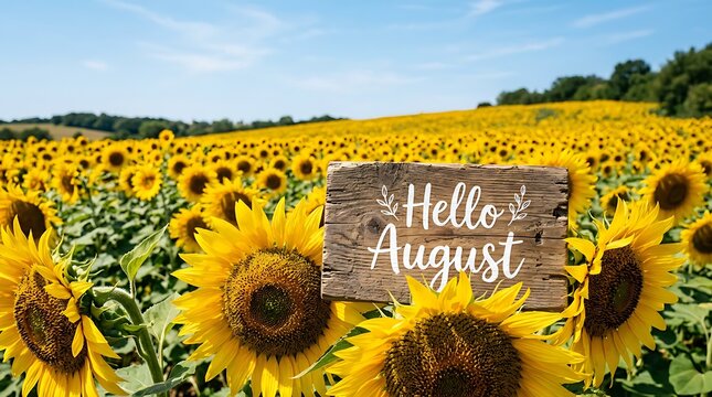 Hello August sign in a beautiful field of yellow sunflowers