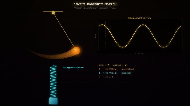 Simple Harmonic Motion Physics Animation Showing Oscillating Spring Mass System and Wave Pattern