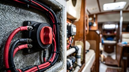 Fototapeta premium heavy duty marine battery switch mounted inside boat electrical compartment for power management and safety