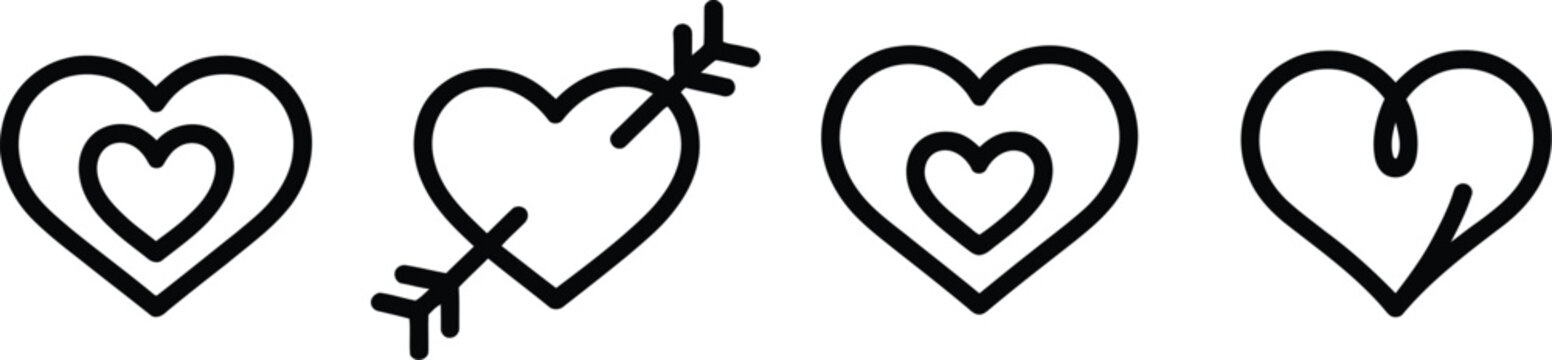 Vector illustration of simple heart line icons including double nested hearts cupid arrow piercing and continuous single line loop.