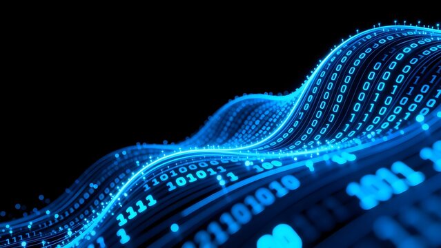 Blue binary wave on black background