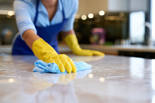 Professional cleaner meticulously sanitizing marble surface with focused and diligent expression