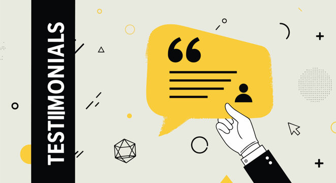 Hand holding yellow speech bubble with testimonials text and user icon, ideal for customer feedback, marketing and communication platforms.