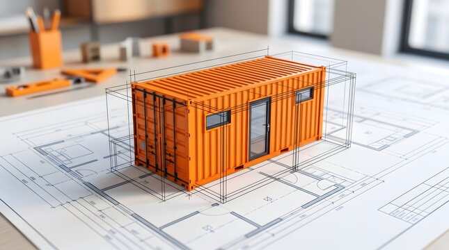 Orange Shipping Container House Architectural Model on Structural Blueprint Planning Table