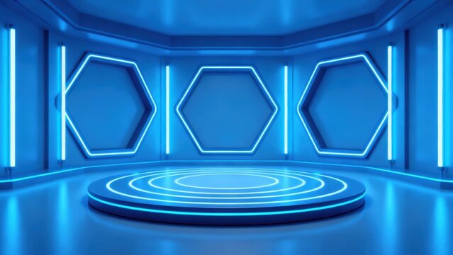 Futuristic neonlit stage with hexagons