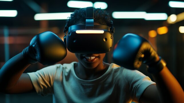 Virtual Boxing Reality: A person wearing a VR headset and boxing gloves is engrossed in a virtual boxing match, showcasing the fusion of sports and advanced technology.