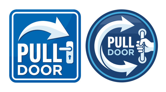 Set of vector pull door signs with arrows, text, and hand icon, for clear access instructions.