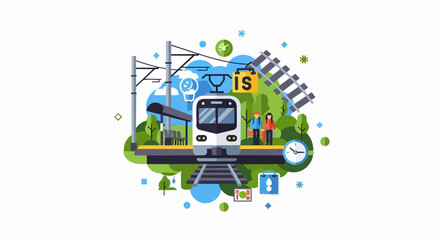 Fototapeta premium Modern Train Station Illustration with Passengers and Eco-Friendly Urban Transport Concept