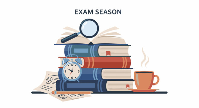 A stack of books with a magnifying glass, alarm clock, papers, pencil, and a cup of coffee