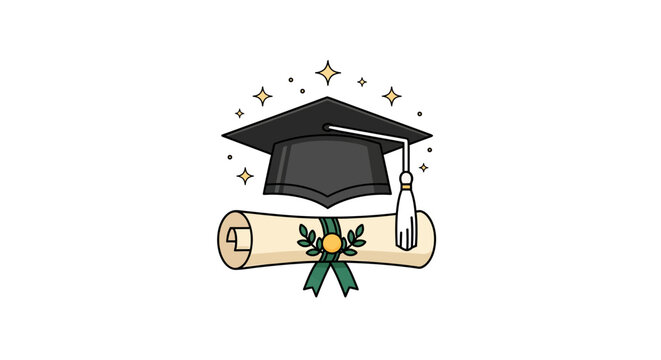 Graduation cap and diploma scroll icon.