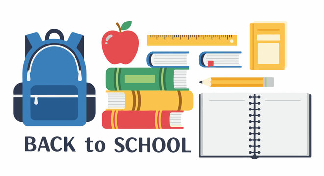 Backpack, apple, books, ruler, pencil, notebook for back to school