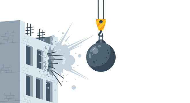 Wrecking ball smashing into concrete building wall while suspended from heavy industrial crane hook during demolition project.