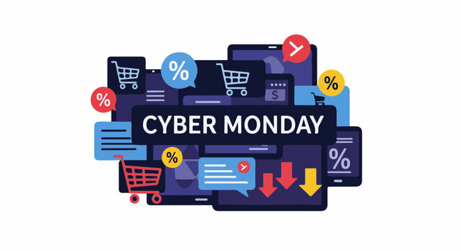 Graphic illustration announcing Cyber Monday with shopping carts, percentage symbols, and downward arrows