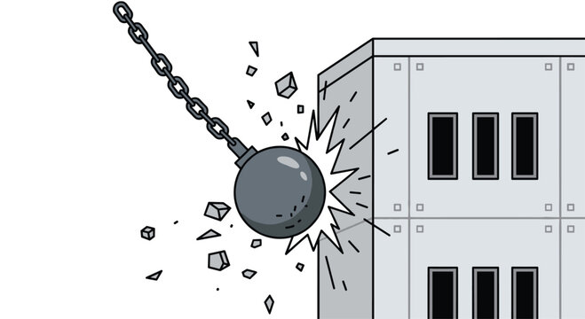 Wrecking ball impacting brick wall structure while swinging from heavy iron chain during site clearance and demolition work.