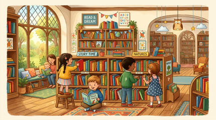 Charming Storybook Illustration of a Cozy Library with Children Reading Books, Warm Sunlight Through Arched Window, Bookshelves Filled with Literature, and Comfortable Seating Nooks © Ardi Art Studio