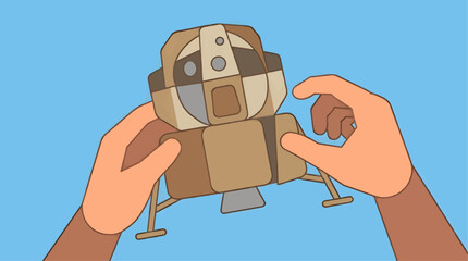 Flat Vector Illustration of a Cardboard Lunar Lander Model Held by Hands Against a Solid Sky Blue Background, Space Exploration Concept © Ardi Art Studio