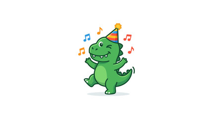 Fototapeta premium Green dinosaur wearing party hat dancing.