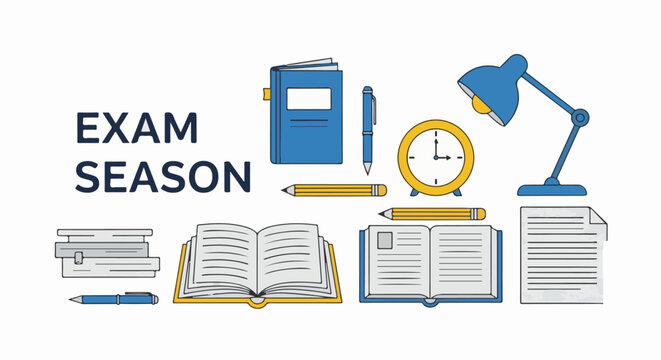 A collection of school supplies, including books, pencils, a lamp, and a clock, representing exam season