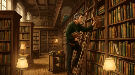 Man Reaching for Old Map Book in Vintage Library, Wooden Bookshelves and Ladder, Warm Lamp Light, Knowledge and Research Concept, Vector Illustration © Ardi Art Studio