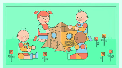 Playful Toddlers Building Cardboard Space Lander Rocket Ship in Creative Play Scene, Diverse Children Imagining Space Exploration, Flat Vector Illustration © Ardi Art Studio