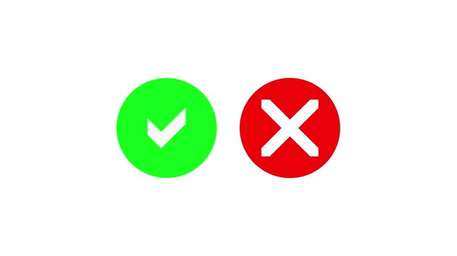 Modern approval and rejection symbol animation featuring check mark and cross icon on a dark background. Clean UI elements ideal for success, validation, verification, error messages, user interface 