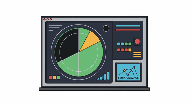 A computer screen displays various data charts including a pie chart, bar graph, and line graph