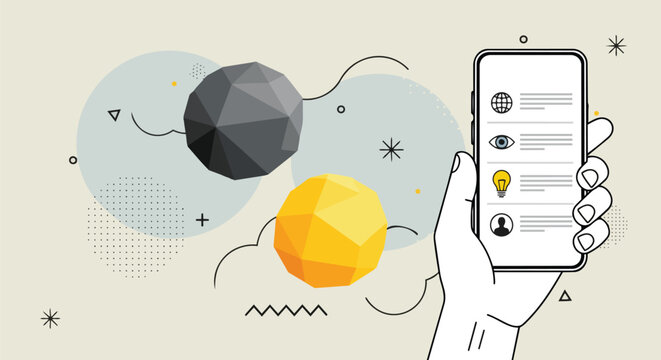 Stylized hand holding a smartphone with app icons and polygonal geometric shapes, modern composition, concept for mobile app development, user interface design, and tech promotion.