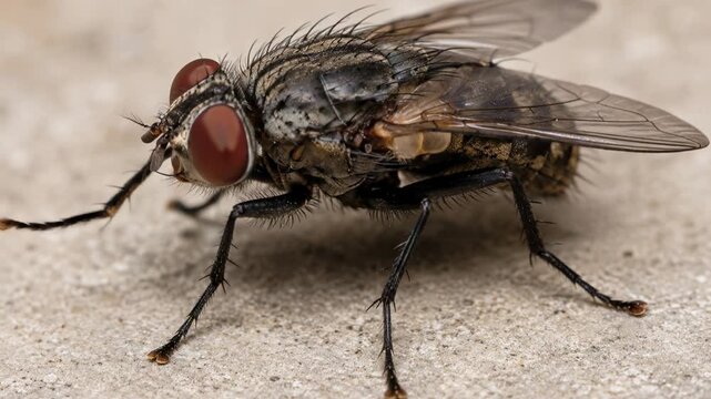 Close up of a common housefly resting on a surface, insect macro detail, pest control and entomology concept.
