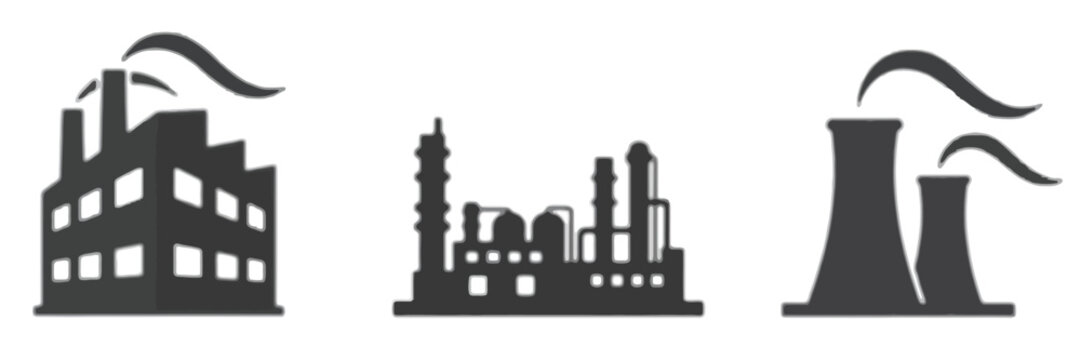 Set of three industrial factory icons featuring building structures and smoke stacks for manufacturing or power plant concepts isolated vector.