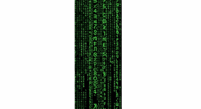 Digital cascade of green characters and numbers on a black background