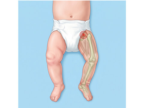 Infant hip joint anatomy is highlighted through a digital skeletal overlay on a baby in a diaper to illustrate localized pain points and bone positioning for orthopedic medical education.