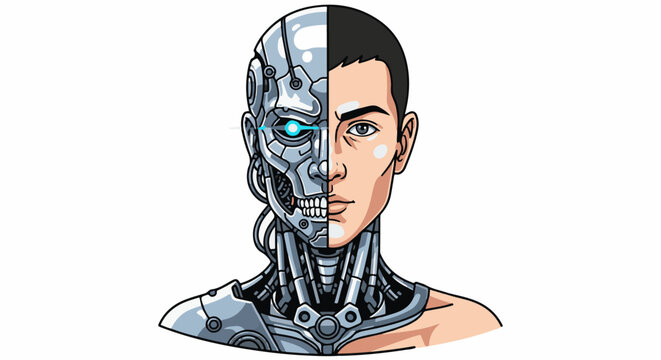 A split portrait shows a human face seamlessly transitioning into a metallic robot head with a glowing blue eye