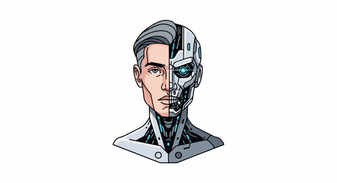 A stylized bust depicts a person's face split vertically, with one half human and the other robotic
