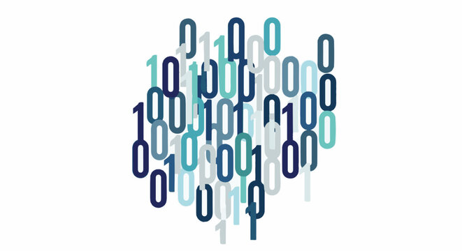 A scattered arrangement of blue and teal binary code numbers on a white background