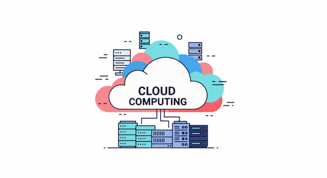 Abstract cloud illustration with servers and the text "CLOUD COMPUTING