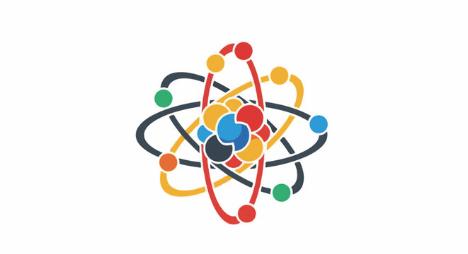 Abstract atom model with colorful orbiting electrons and nucleus
