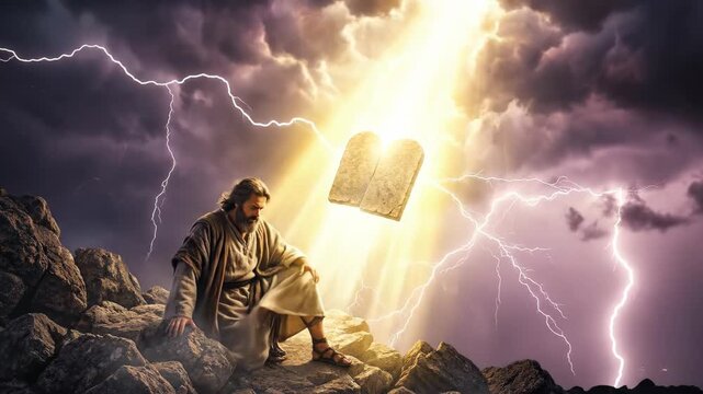 Prophet Moses receiving the stone tablets on Mount Sinai. Religious scene depicting a man at the mountain top with divine light and lightning in the sky above.