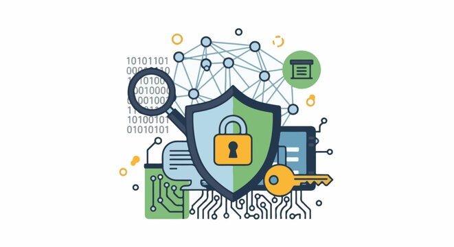 Abstract digital security concept with shield, lock, key, binary code, network