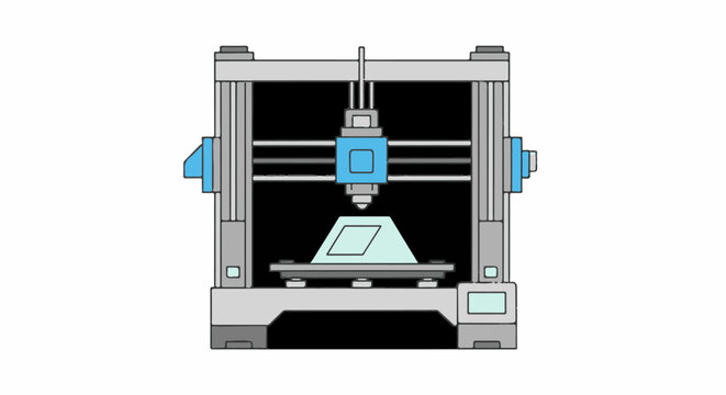 Stylized 3D printer creating a layered geometric object in a light blue hue